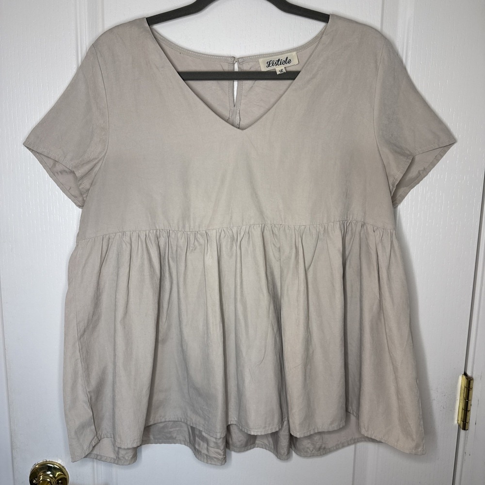 Listicle Cream Ivory Babydoll Smock Blouse Top Large V-Neck Flutter Sleeve